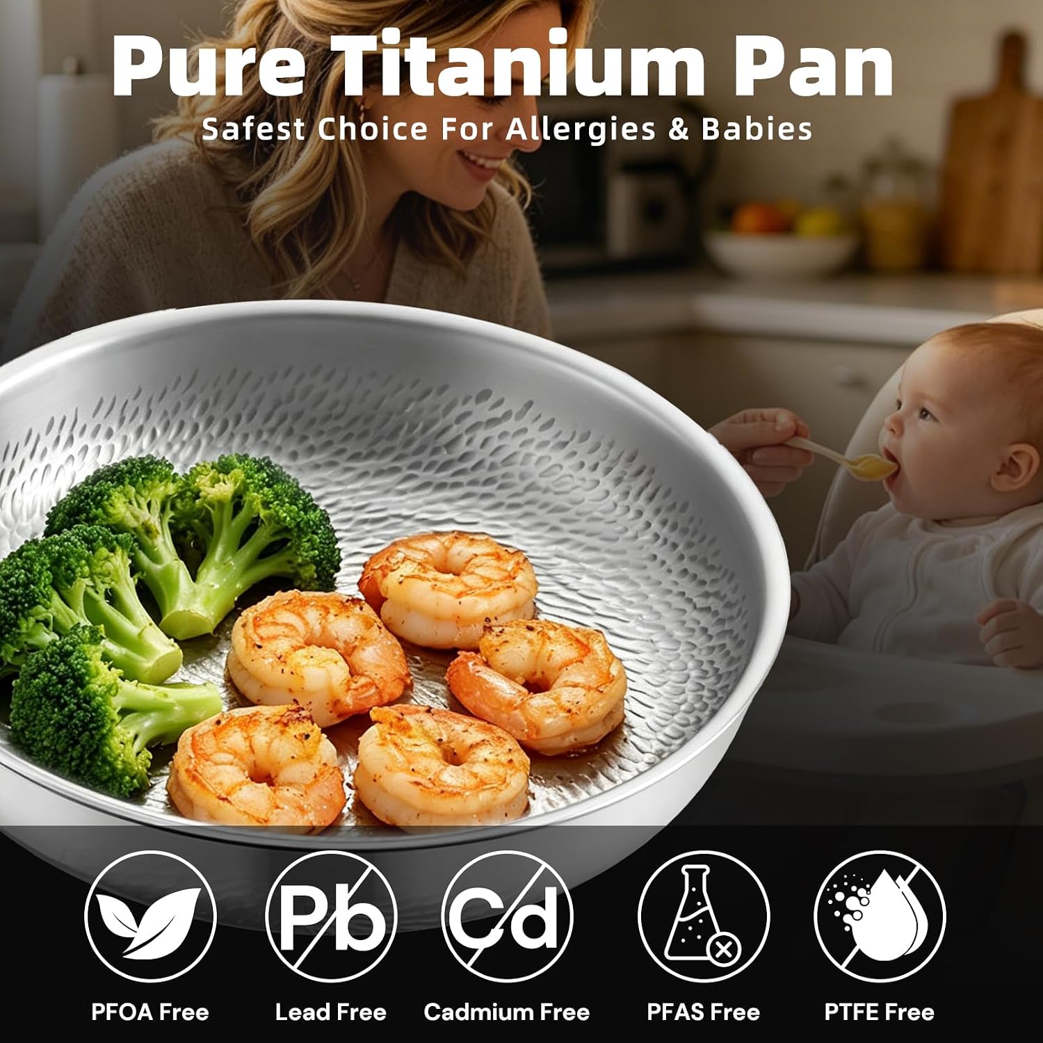 12 Inch Titanium Frying Pan with Lid, Pure Titanium Hammered Pro Skillet, No Coating Non-Stick, PFAS/PFOA/PTFE Free, Healthy Non Toxic Cookware, Induction, Oven/Dishwasher Safe, 750°F