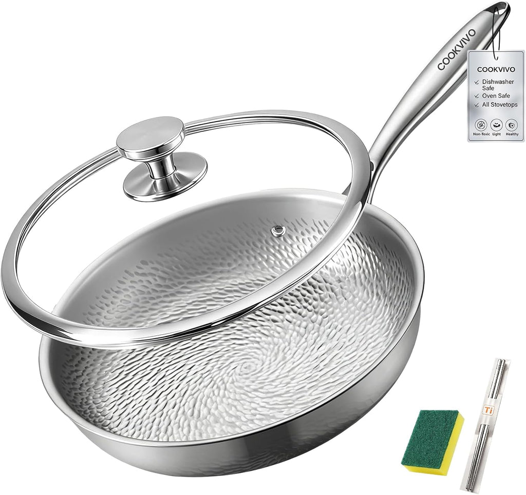 12 Inch Titanium Frying Pan with Lid, Pure Titanium Hammered Pro Skillet, No Coating Non-Stick, PFAS/PFOA/PTFE Free, Healthy Non Toxic Cookware, Induction, Oven/Dishwasher Safe, 750°F