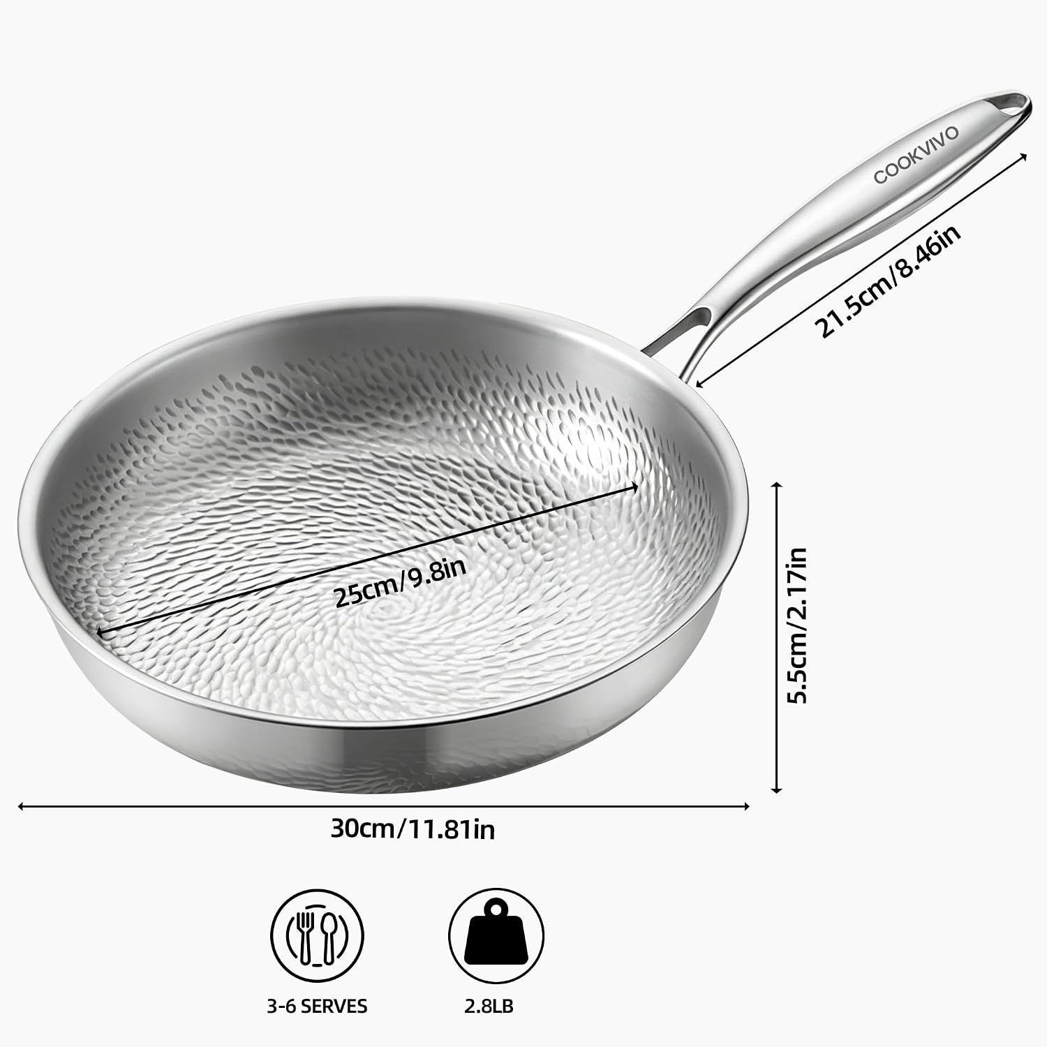 12 Inch Titanium Frying Pan with Lid, Pure Titanium Hammered Pro Skillet, No Coating Non-Stick, PFAS/PFOA/PTFE Free, Healthy Non Toxic Cookware, Induction, Oven/Dishwasher Safe, 750°F