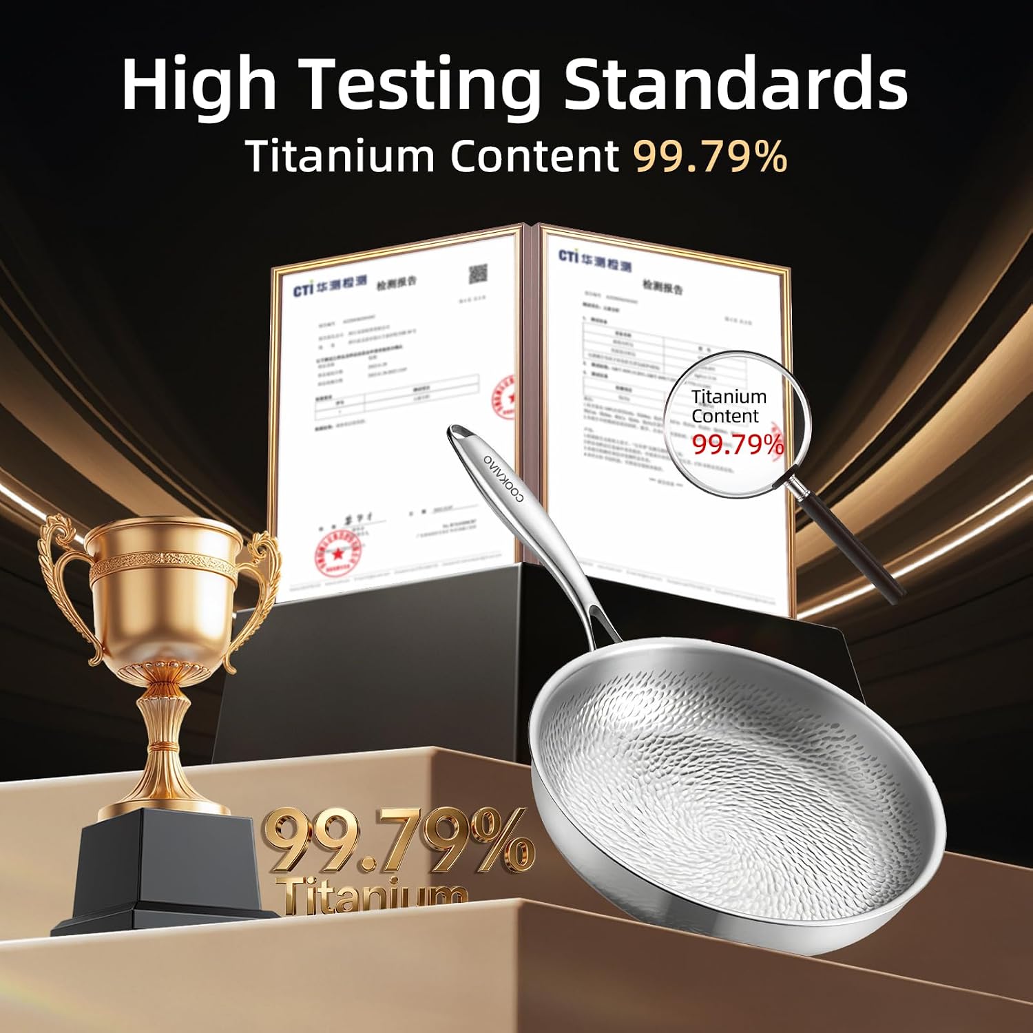 12 Inch Titanium Frying Pan with Lid, Pure Titanium Hammered Pro Skillet, No Coating Non-Stick, PFAS/PFOA/PTFE Free, Healthy Non Toxic Cookware, Induction, Oven/Dishwasher Safe, 750°F