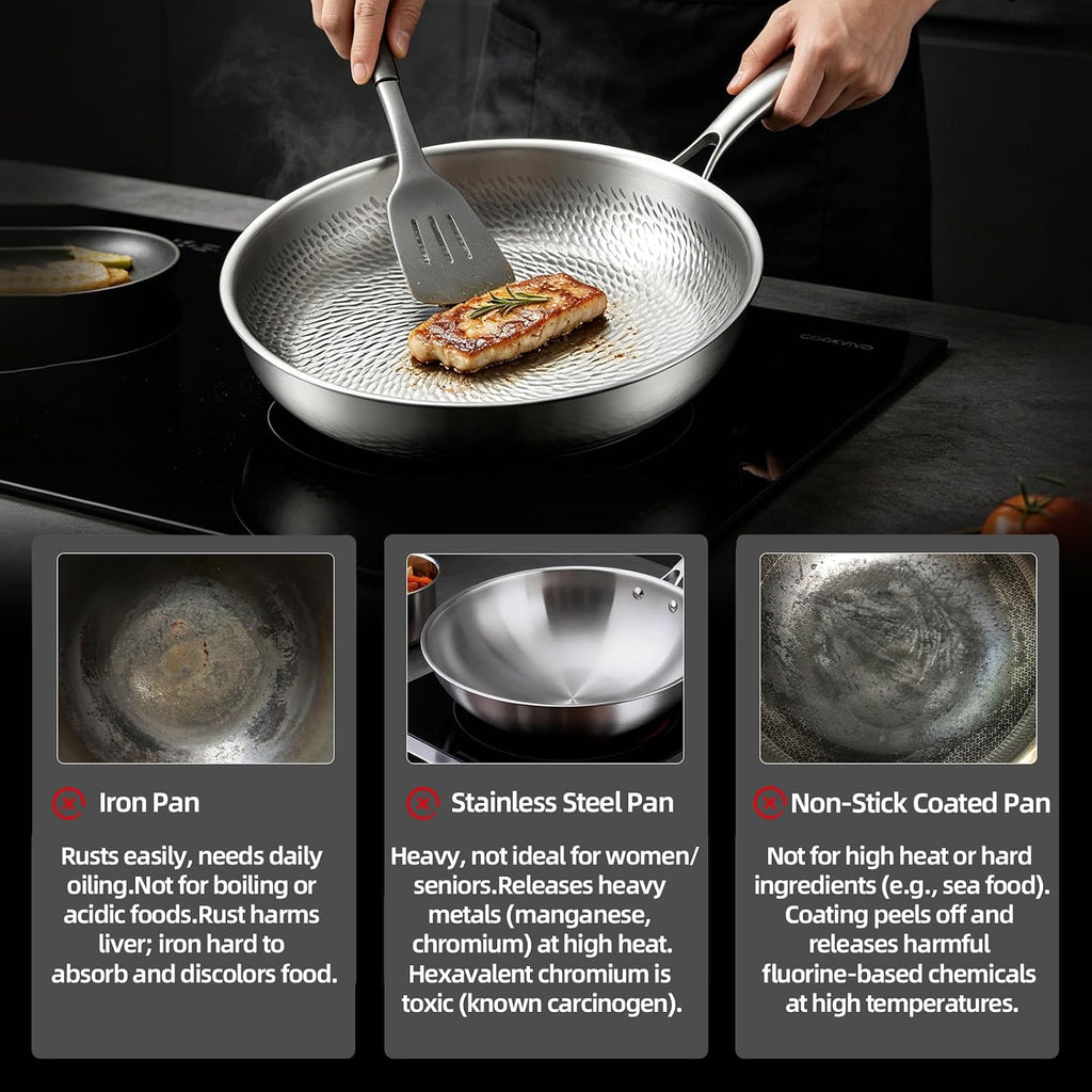 12 Inch Titanium Frying Pan with Lid, Pure Titanium Hammered Pro Skillet, No Coating Non-Stick, PFAS/PFOA/PTFE Free, Healthy Non Toxic Cookware, Induction, Oven/Dishwasher Safe, 750°F